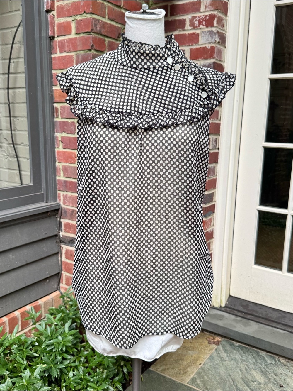 Karlie Black and White Polka Dot Ruffle Neck Blouse